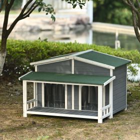 GO 47.2" Large Wooden Dog House Outdoor, Outdoor & Indoor Dog Crate, Cabin Style, With Porch, 2 Doors (Color: Gray)